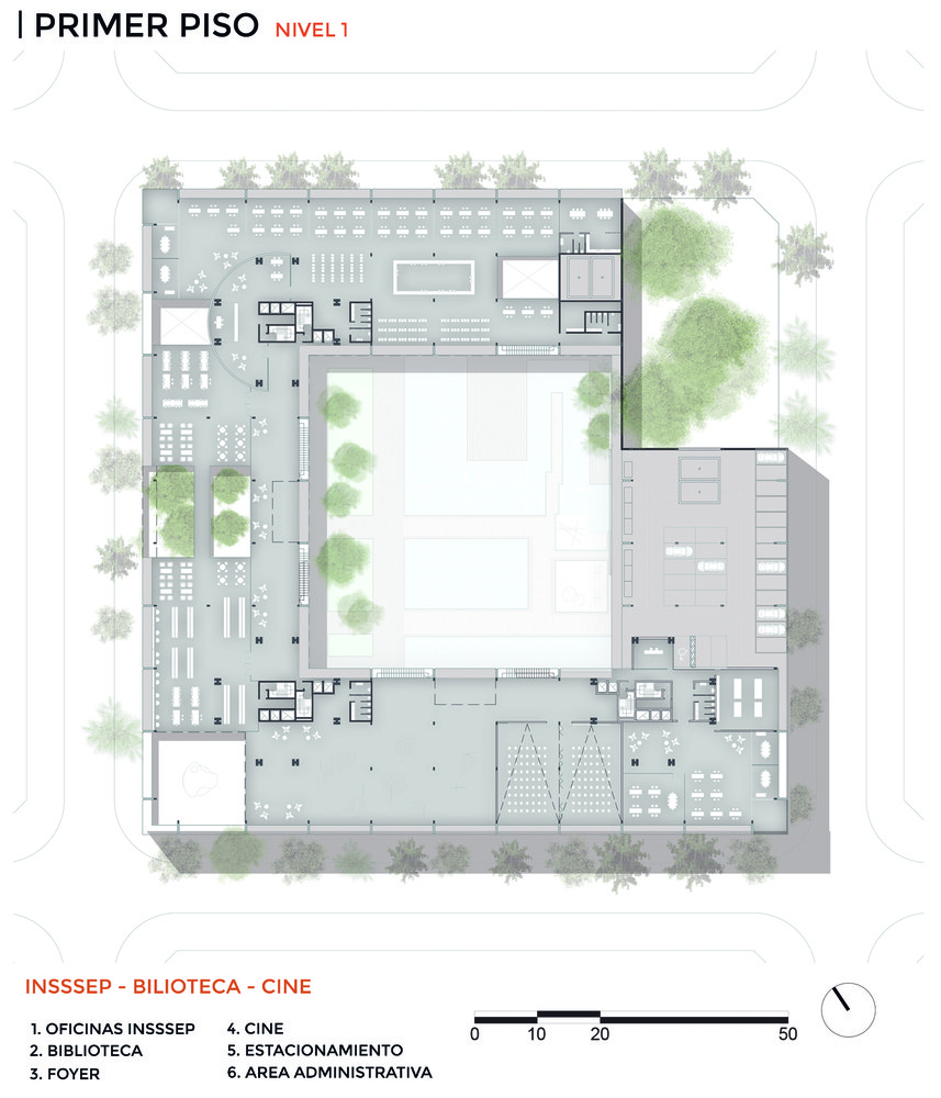 Primer piso — INSSSEP, biblioteca, cine